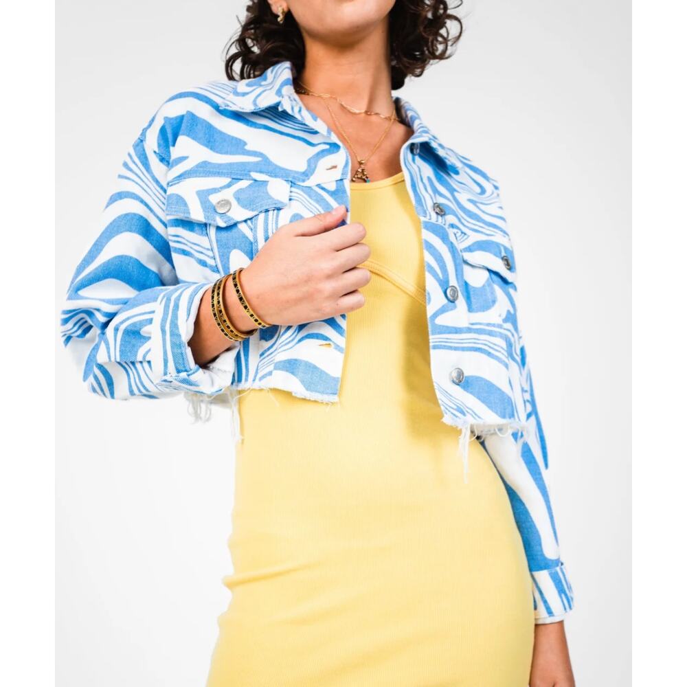 Signature Eight Periwinkle Blue Swirl Cropped Denim Jacket Size L